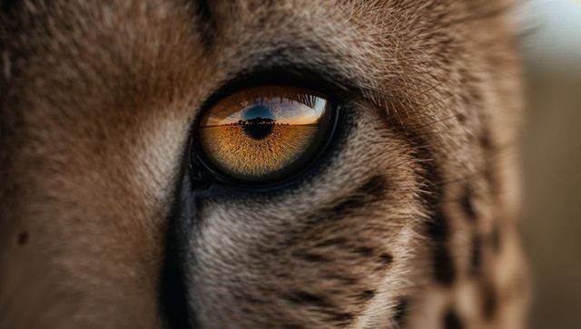 Majestic wild cat eye reflecting savannah sunset