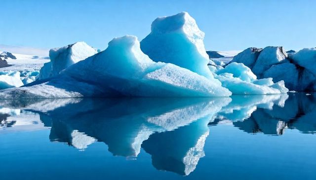 Floating sculpted iceberg reflecting on glassy glacial lagoon with vivid blue cores