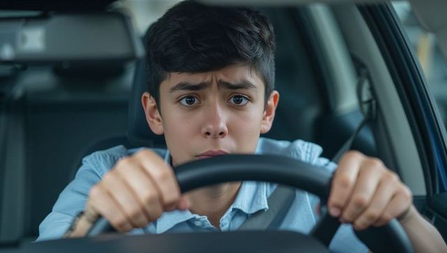 Anxious teenage driver gripping steering wheel, wearing seatbelt, closeup car interior