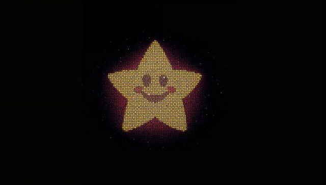 Glowing smiling star mosaic floating on black screen with purple halo and pixel glow