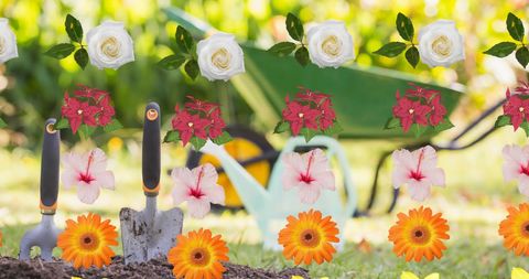 Garden Tools with Overlay of Vibrant Flower Patterns
