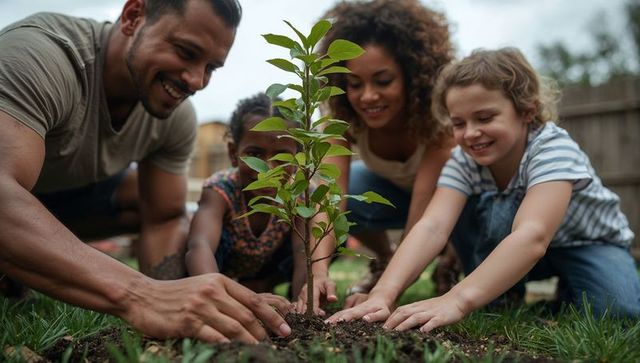 Family planting sapling together in backyard nurturing growth, teamwork and sustainable living