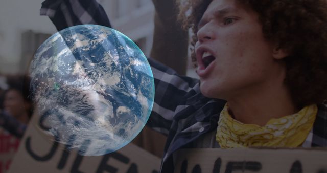 Image of globe spinning ober people shouting at demonstration. global human rights and equality concept digitally generated image.