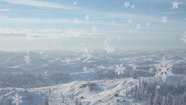 Snow-covered mountain panorama with falling snowflakes over pine-filled alpine ridge
