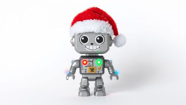 Smiling silver robot wearing santa hat with glowing led chest and blue arm lights