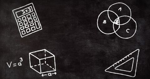 Digital chalkboard with mathematical symbols and calculator