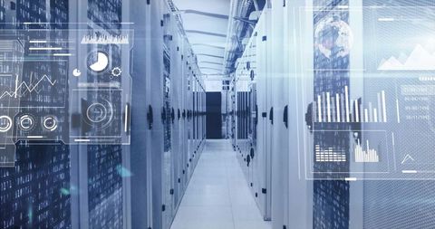 Futuristic data center with holographic screens