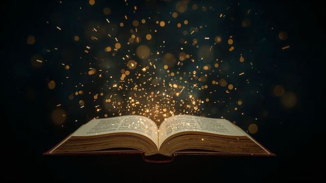Open antique book releasing mystical golden sparks in dark setting