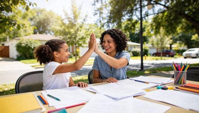 Sunlit outdoor tutoring high-five celebrating progress between tutor and child at table