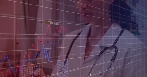 Clinician Analyzing Augmented Reality Health Data Overlay with Stethoscope and Stylus