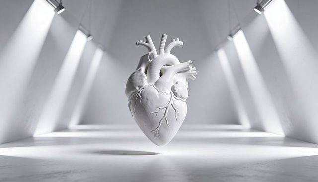 Floating porcelain anatomical heart sculpture in minimalist gallery with dramatic spotlights