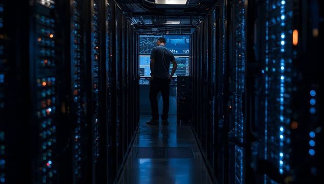 Technician analyzing data center server racks and cable trays