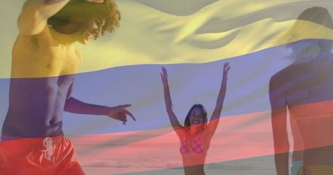 Group of friends celebrating on beach at sunset with tricolor flag overlay