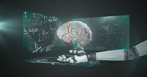 futuristic robot hand with brain and digital maths interface - Download Free Stock Images Pikwizard.com