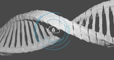 Futuristic DNA Helix with Cybersecurity Theme Elements