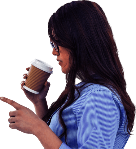 Transparent Businesswoman Holding Coffee Examining Notes