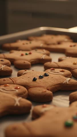 Vertical video panning gingerbread men on tray showing icing details and candy buttons