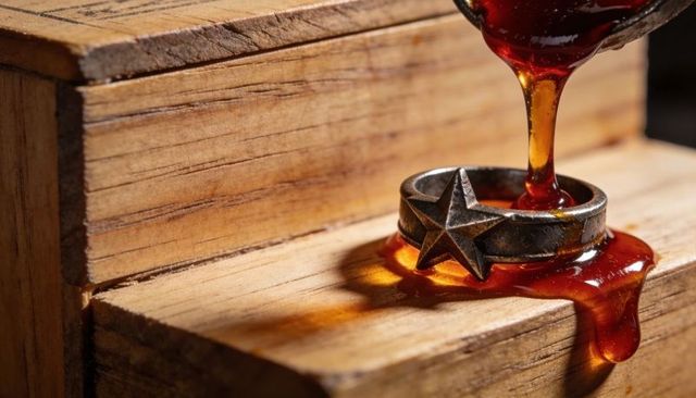 Dripping amber resin pouring over star emblem ring on rustic wooden steps