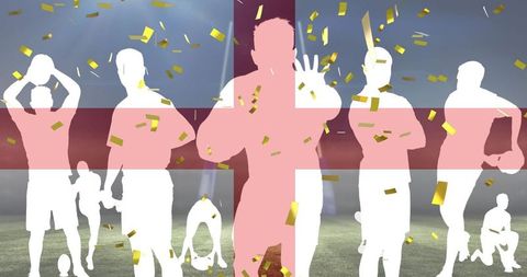Silhouette Rugby Players Over England Flag in Stadium with Confetti