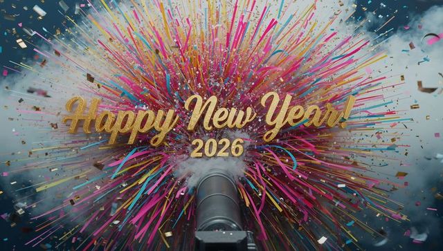 Confetti Cannon Burst with Gold Glitter and Colorful Ribbons Celebrating Happy New Year 2026