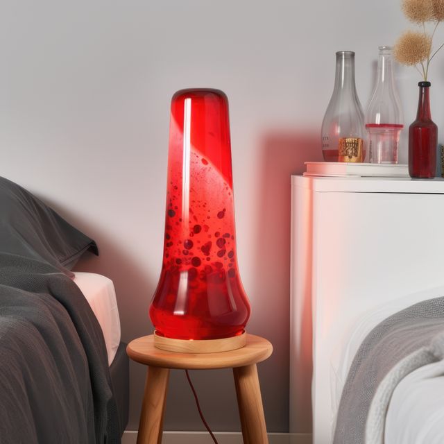 Red lava lamp on bedside table in bedroom in daylight, created using generative ai technology. Retro, psychedelic, relaxation and interior decoration lamp concept digitally generated image.