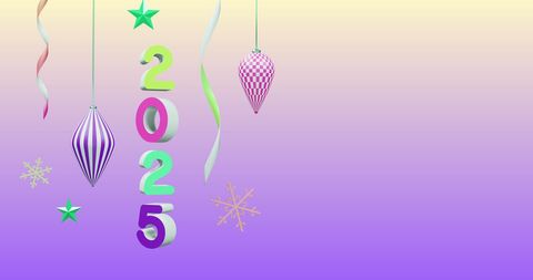 2025 New Year Celebration with Colorful Decorations on Purple Background