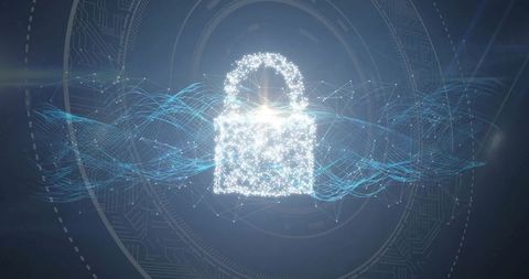 Glowing particle padlock floating in cyber network representing data security