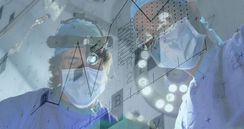 Surgical team performing precision operation in sterile or with headlamp and lights