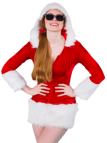 Trendy Santa Claus Woman in Red and White Costume with Sunglasses on Transparent Background