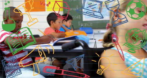 Diverse Students Studying with School Concept Icons Overlay