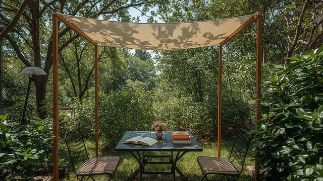 Rustic garden table with metal chairs and canopy for relaxation