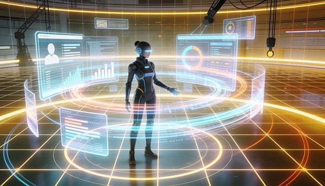 Humanoid robot analyzing holographic data dashboards in futuristic circular control hub
