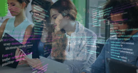 Cybersecurity Team with Data Overlay in Modern Office