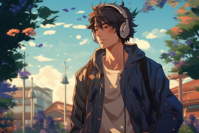 Young man wearing headphones and blue jacket walking in suburban area at sunset. Ideal for use in lifestyle blogs, youth culture features, or media centered on relaxation and everyday life. Illustrates themes of tranquility, casual fashion, and suburban life.