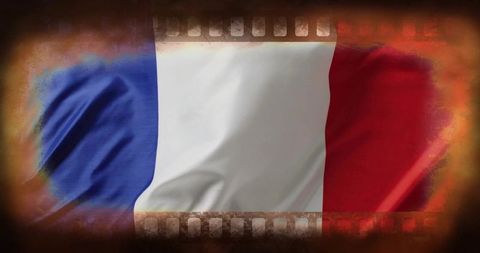 French tricolor flag waving with vintage film sprocket holes and burnt grunge