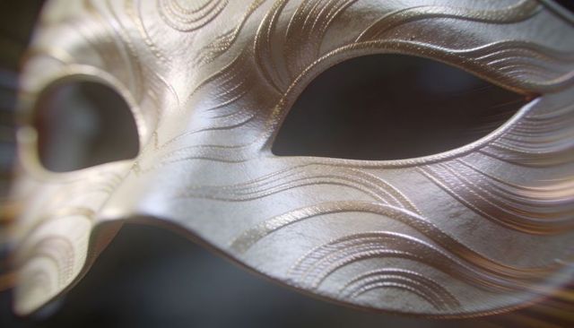Champagne metallic venetian masquerade mask with engraved wave patterns, pearlescent gold