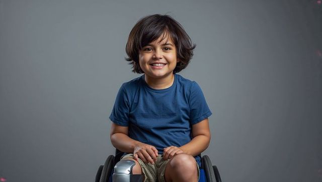 Smiling child in wheelchair wearing prosthetic leg and navy tee portrait of resilience