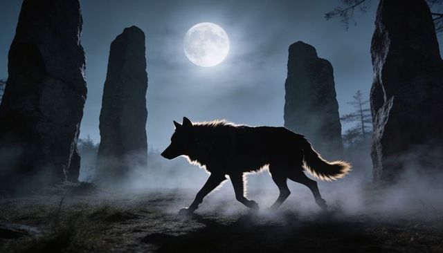 Lone wolf running across misty stone circle under full moon
