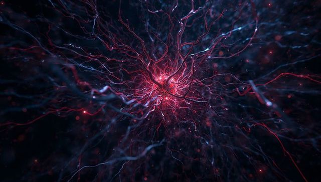 Pulsing magenta neuron core radiating red cyan filaments futuristic neural network concept