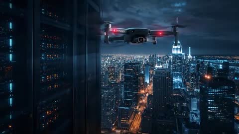 Drone Filming Night City Skyline from Glass Tower with Reflections and Red Navigation Lights