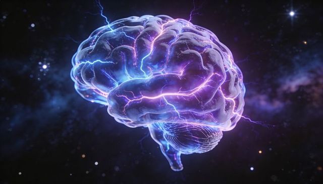 Floating translucent brain emitting neon-blue and purple electric arcs across cosmic space