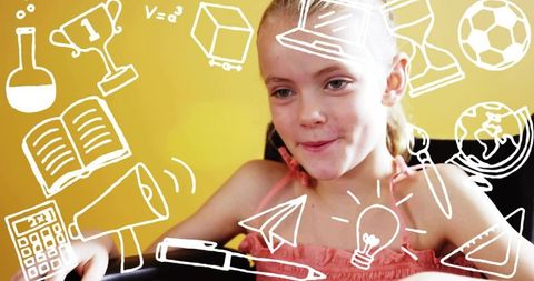 Schoolgirl touching tablet with education doodles for creative digital classroom learning