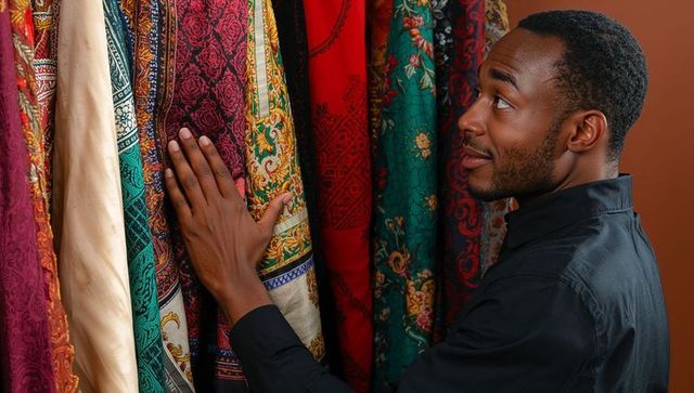 Man browsing colorful patterned fabrics in boutique, touching textiles, choosing scarf