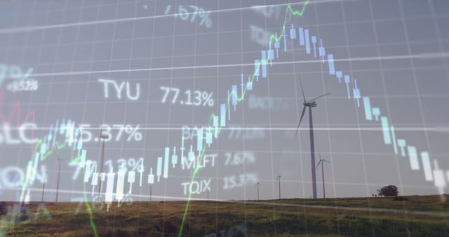 Image of financial and stock market data processing over spinning windmill against grey sky. Global economy and renewable energy technology concept