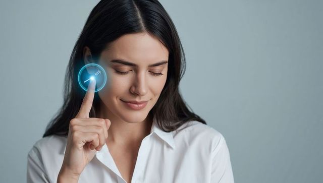 Woman touching holographic interface at temple showing calm interaction with ai technology