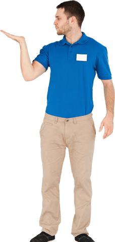 Caucasian male worker offering with palm visible on transparent