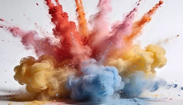 Exploding Color Powder Bursting into Vibrant Red, Blue, Yellow Clouds with Fine Particles