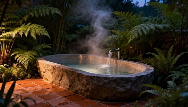 Carved stone soaking tub steaming on terracotta patio surrounded by lush ferns