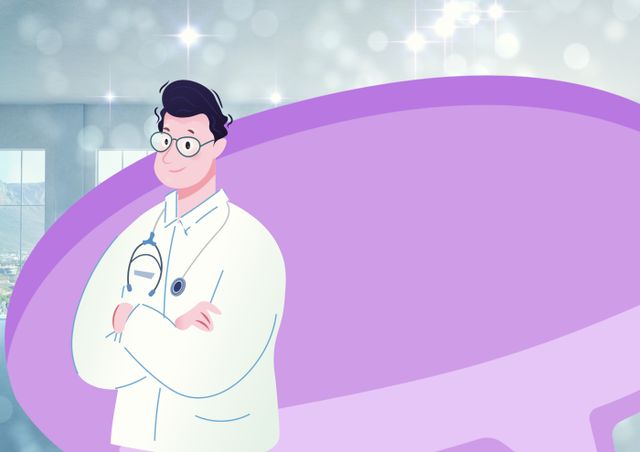 This cheerful doctor animation with a speech bubble on an abstract background is ideal for healthcare-related communications, promotional materials, or digital advertising. It is a versatile design suitable for presentations, health blogs, medical websites, and educational content that introduces medical professionals or healthcare concepts in a friendly and engaging way.