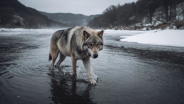 Gray wolf wading through shallow winter river creating ripples and snowbank reflections